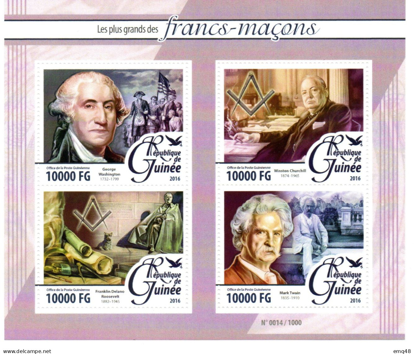 101 - FRANC-MAÇONNERIE (MASONIC)  GUINÉE : Washington - CHURCHILL - Mark TWAIN - ROOSEVELT : Feuillet Maçonnique - Francmasonería