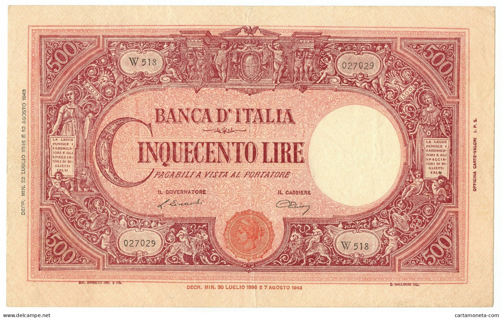 500 LIRE BARBETTI GRANDE C TESTINA BI REPUBBLICA ITALIANA 22/07/1946 BB+ - Autres & Non Classés