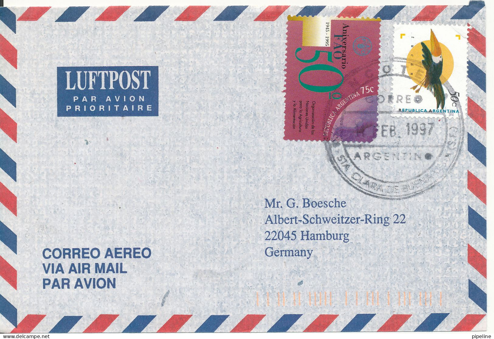 Argentina Air Mail Cover Sent To Germany 11-2-1997 One Of The Stamps Is Missing A Corner - Luftpost