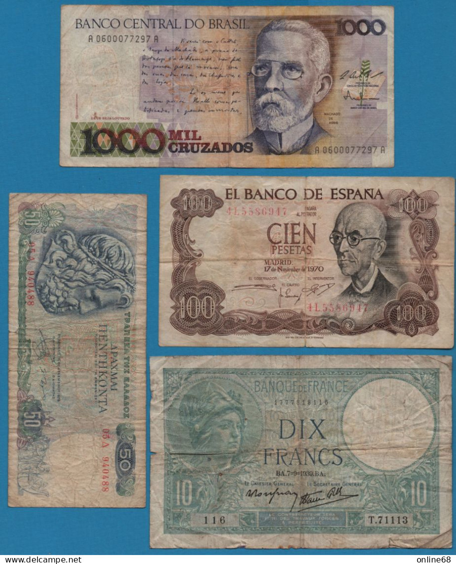 LOT BILLETS 4 BANKNOTES: ESPANA - GREECE - BRASIL - FRANCE - Lots & Kiloware - Banknotes