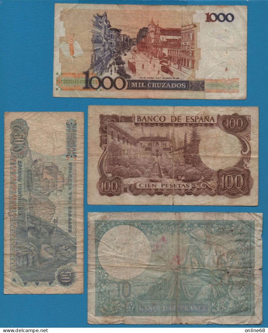 LOT BILLETS 4 BANKNOTES: ESPANA - GREECE - BRASIL - FRANCE - Vrac - Billets