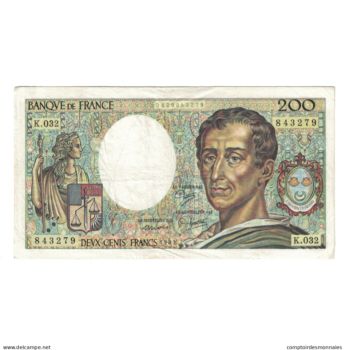 France, 200 Francs, Montesquieu, 1985, K.032 843279, TB+, Fayette:70.5, KM:155a - 200 F 1981-1994 ''Montesquieu''