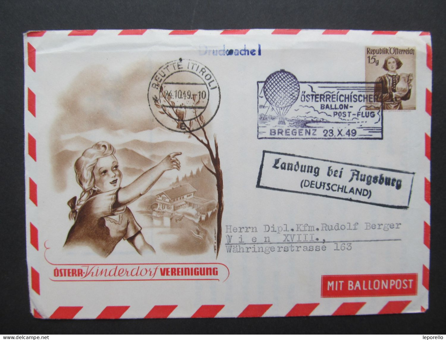 BRIEF Ballonpost Flugpost SOS Kinderdorf 1949 //// P3383 - Per Palloni