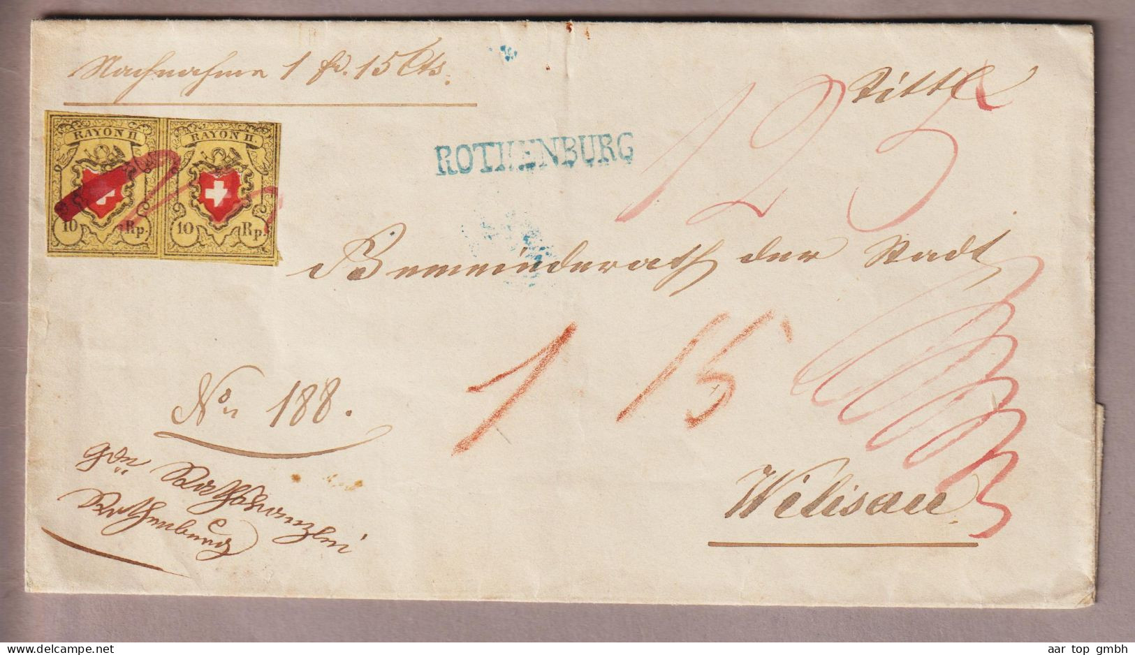 CH Rayon Nachnahmebrief 1854-04-06 Von Rothenburg Blauer Stabstempel Nach Willisau Mit Rayon II Paar Stein D-Lo 14,15 - Covers & Documents