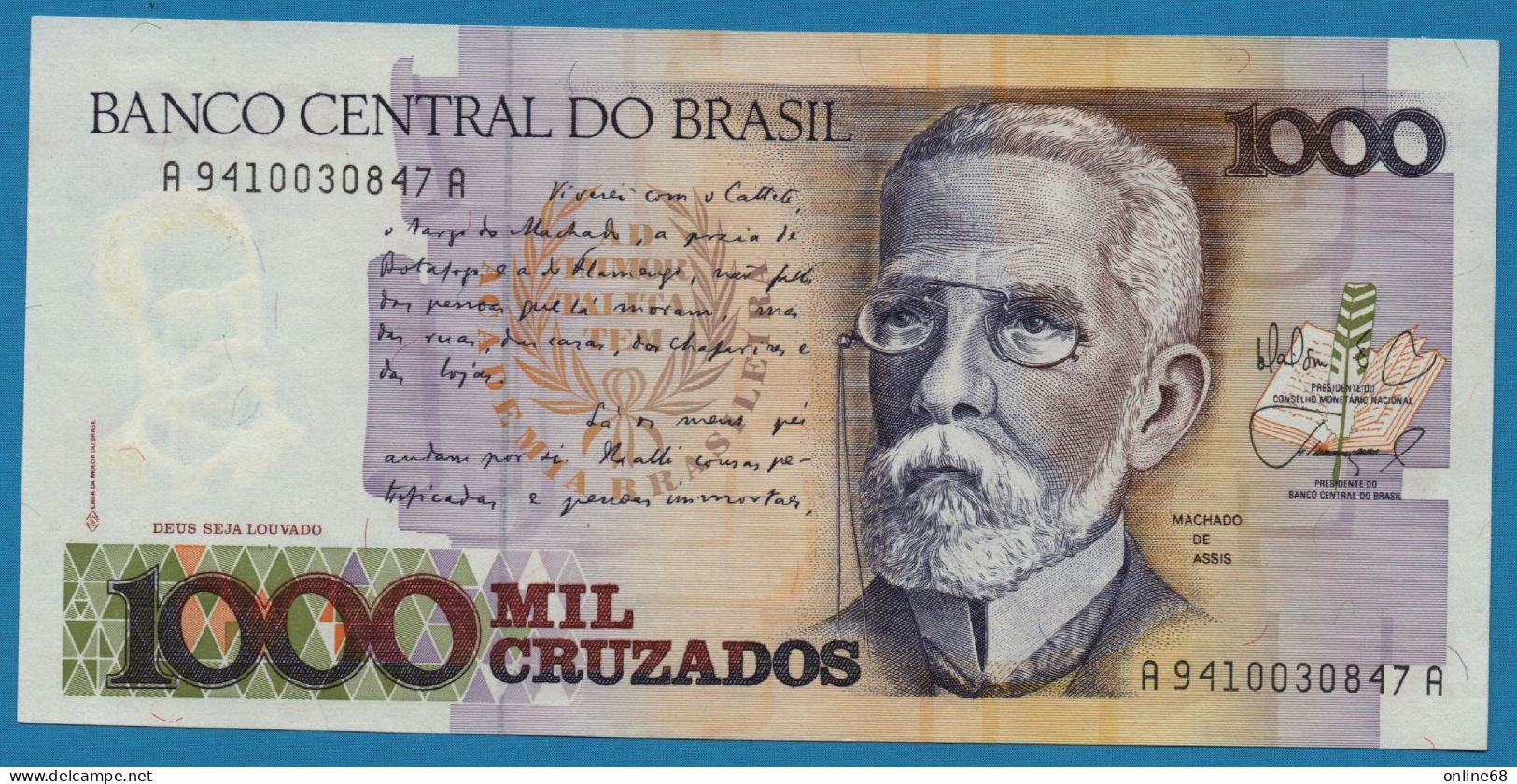 BRASIL 1000 Cruzados ND (1987 & 1988) # A941003...A P# 213b Joaquim Maria Machado De Assis - Brasilien