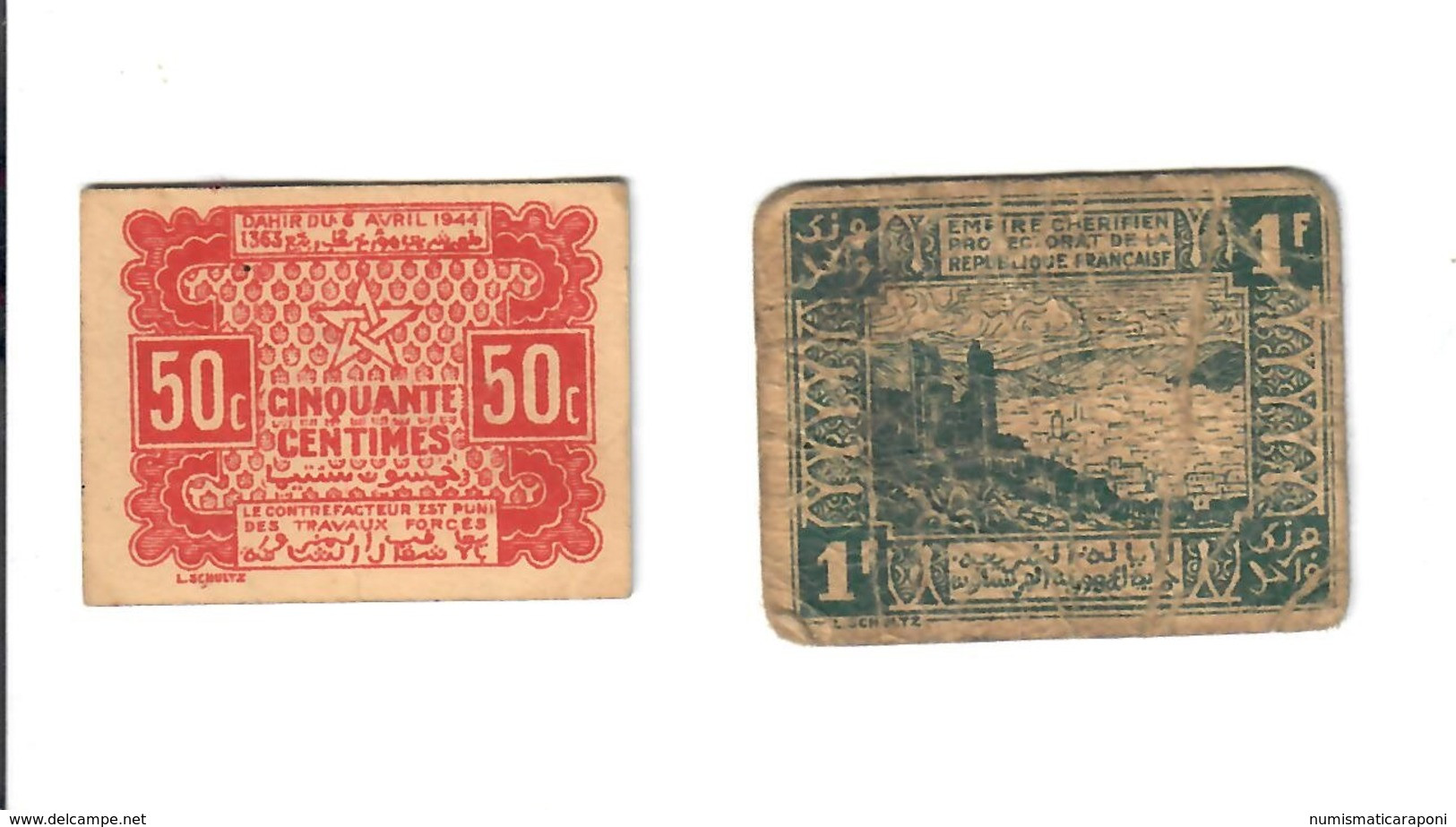 Marocco Morocco Maroc EMPIRE CHERIFIEN 1 Francs 1944 + 50 Centimes  LOTTO 2196 - Marokko