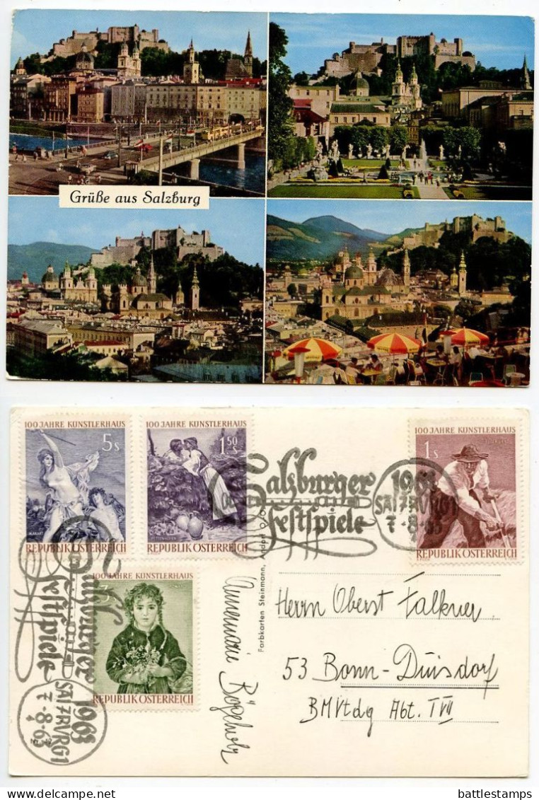 Austria 1963 Postcard Grüße Aus Salzburg - Multiple Views; Scott 662-665 Küntlerhaus Centenary; Salzburger Festspiele - Salzburg Stadt