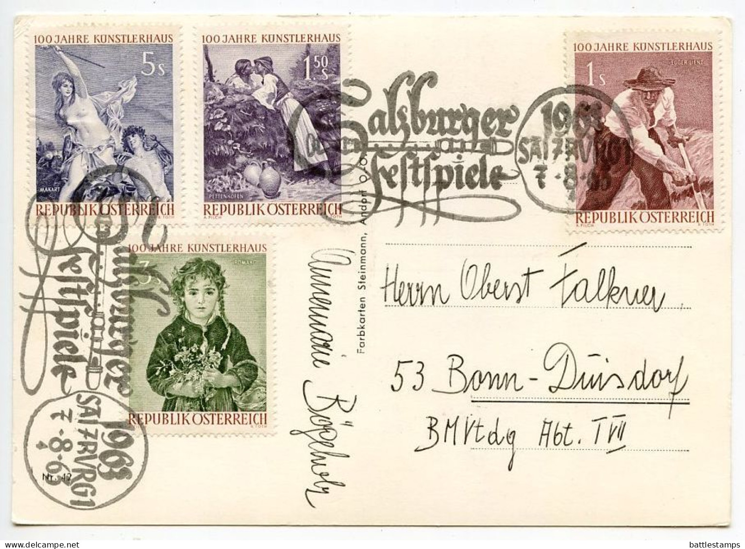 Austria 1963 Postcard Grüße Aus Salzburg - Multiple Views; Scott 662-665 Küntlerhaus Centenary; Salzburger Festspiele - Salzburg Stadt