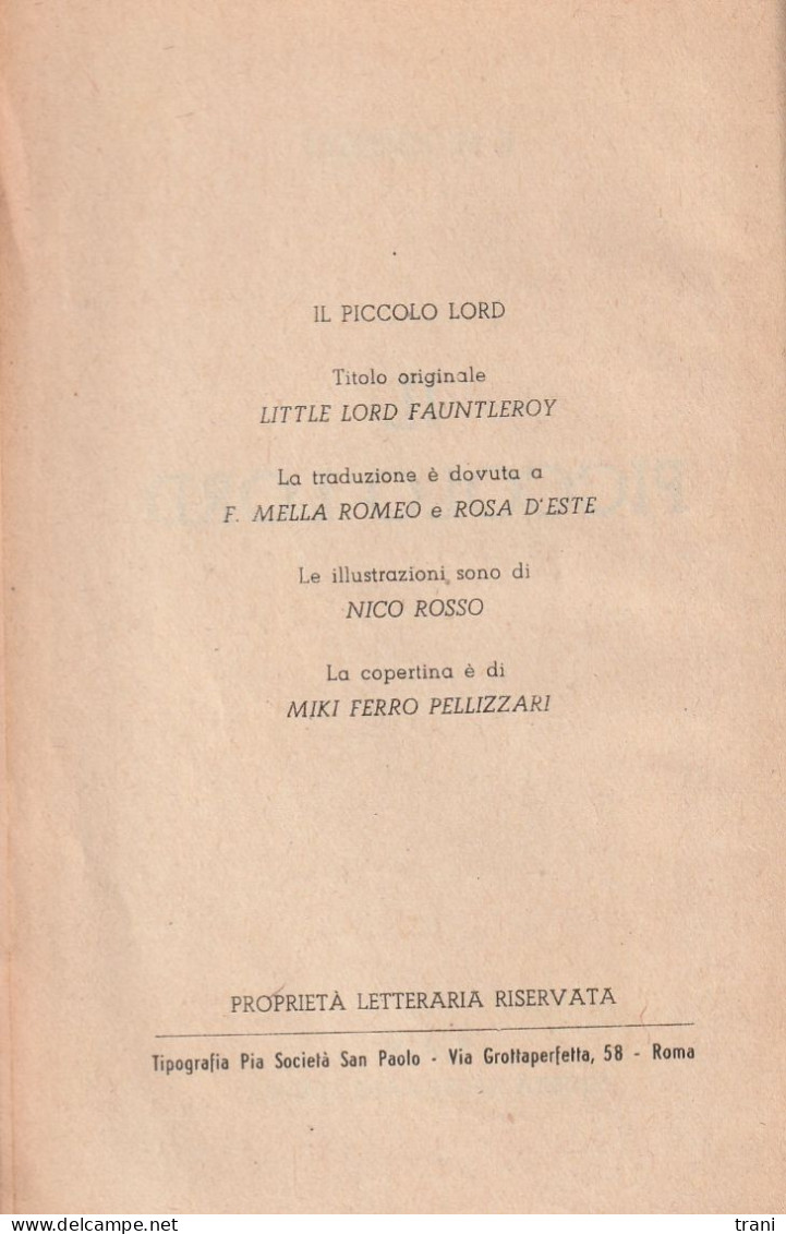 IL PICCOLO LORD Di F. H. Burnett - Libros Antiguos Y De Colección