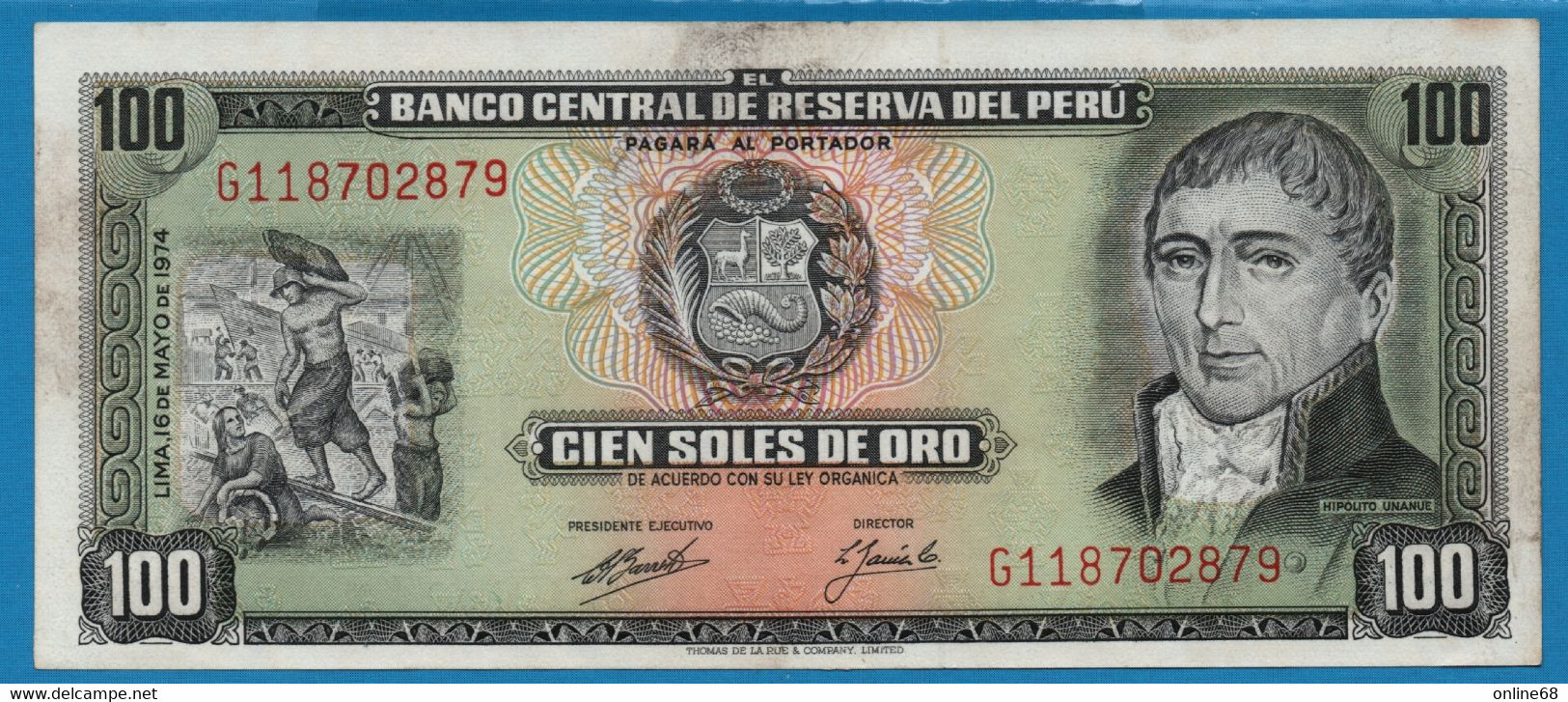 PERU  100 Soles De Oro 16.05.1974 # G118702879 P# 102c   Hipólito Unanue - Peru