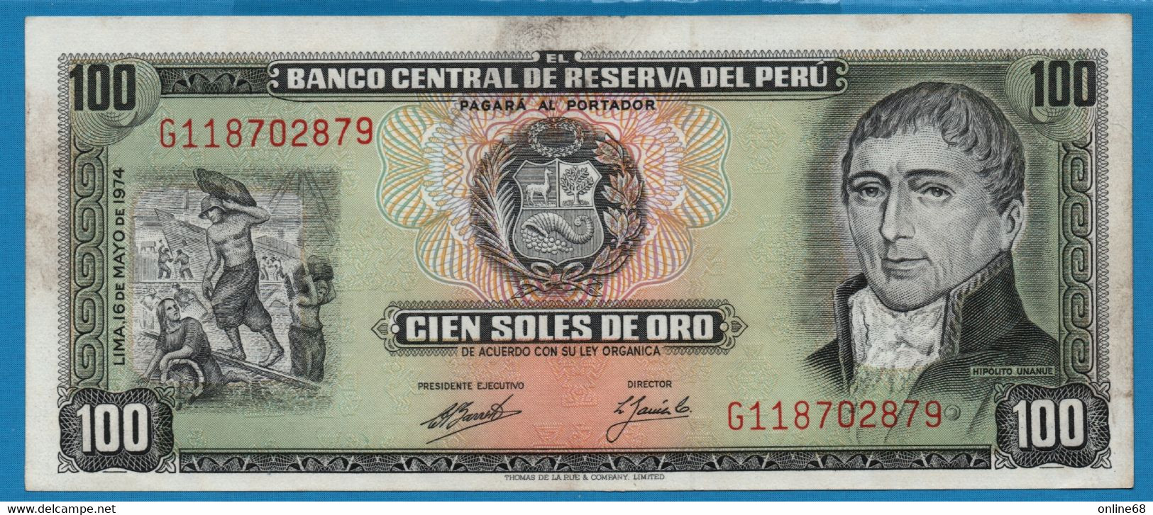 PERU  100 Soles De Oro 16.05.1974 # G118702879 P# 102c   Hipólito Unanue - Perù