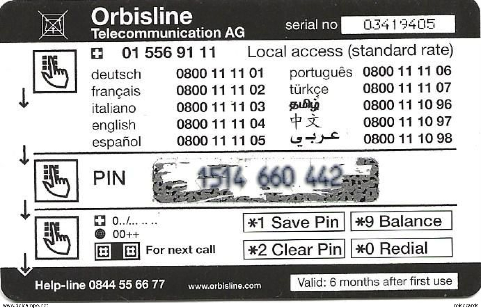 Switzerland: Prepaid Orbisline - Logo (10 Access Nummern) - Svizzera