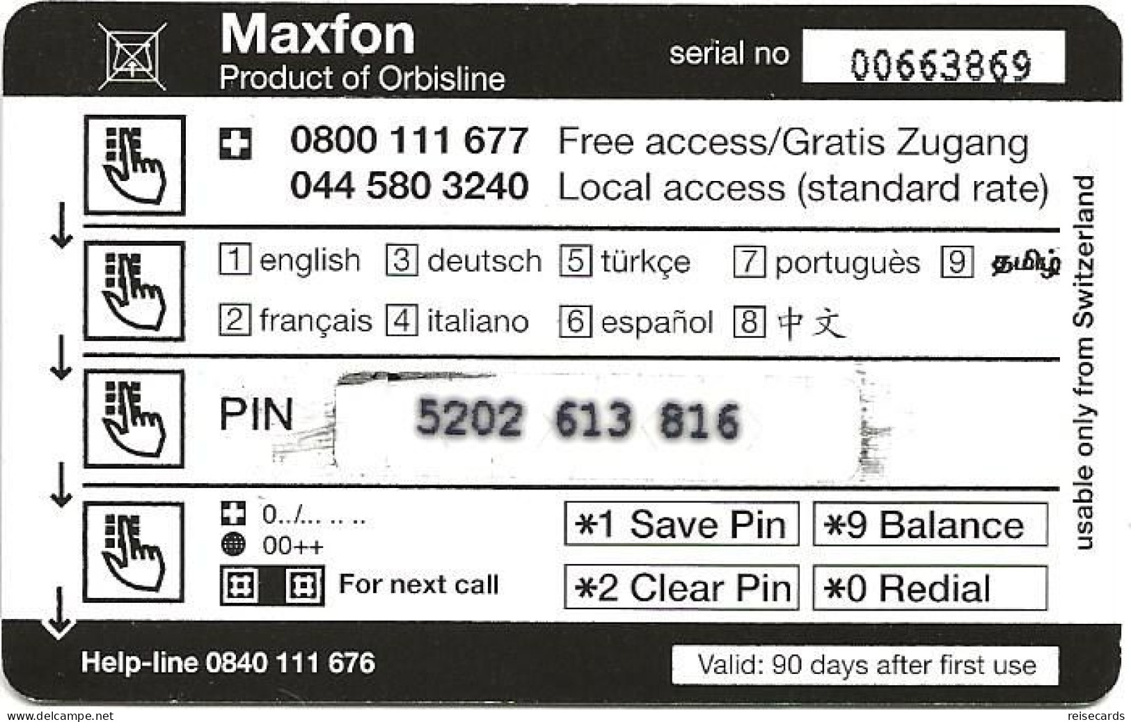 Switzerland: Prepaid Orbisline - Africa-Max, Löwe (2 Access Nummern) - Schweiz