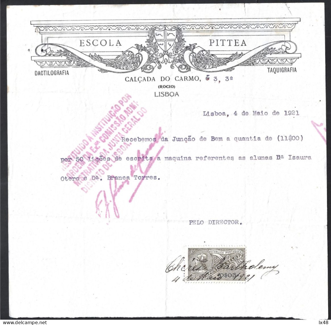 Fatura Recibo Escola Pittea,1921. Datilografia E Taquigrafia. Stamp Fiscal $03. Receipt Invoice From Pittea School 1921 - Brieven En Documenten