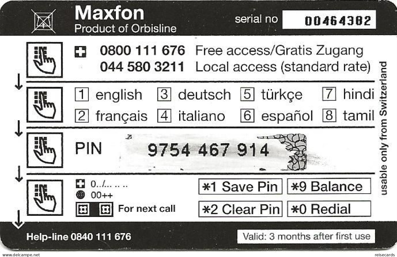 Switzerland: Prepaid Orbisline - Maxfon, Universum - Schweiz