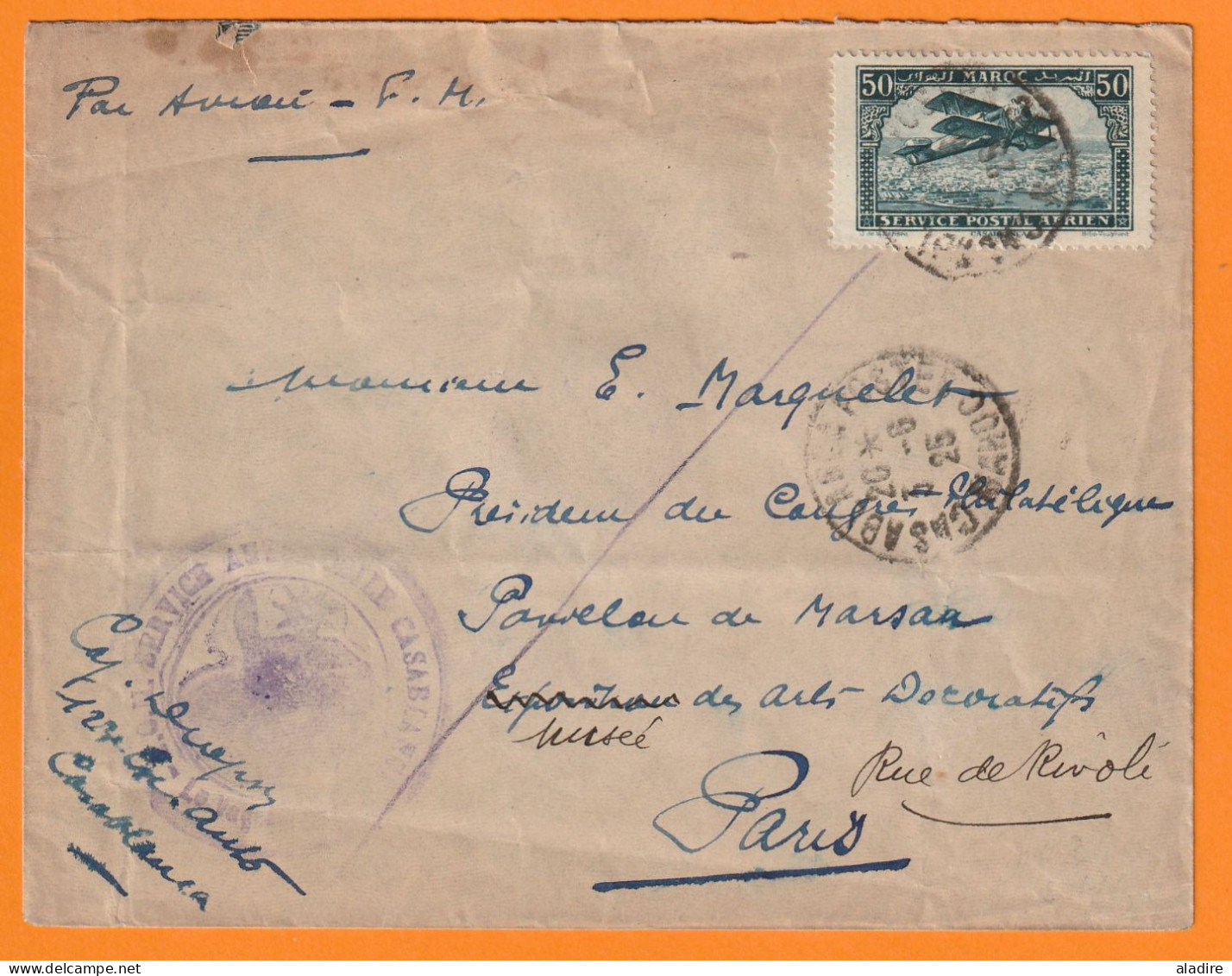 1925 - Précurseur Avion Ligne Latécoère France-Maroc - Enveloppe Avion En FM De Casablanca Vers Paris - Affrt 50 C Seul - Airmail