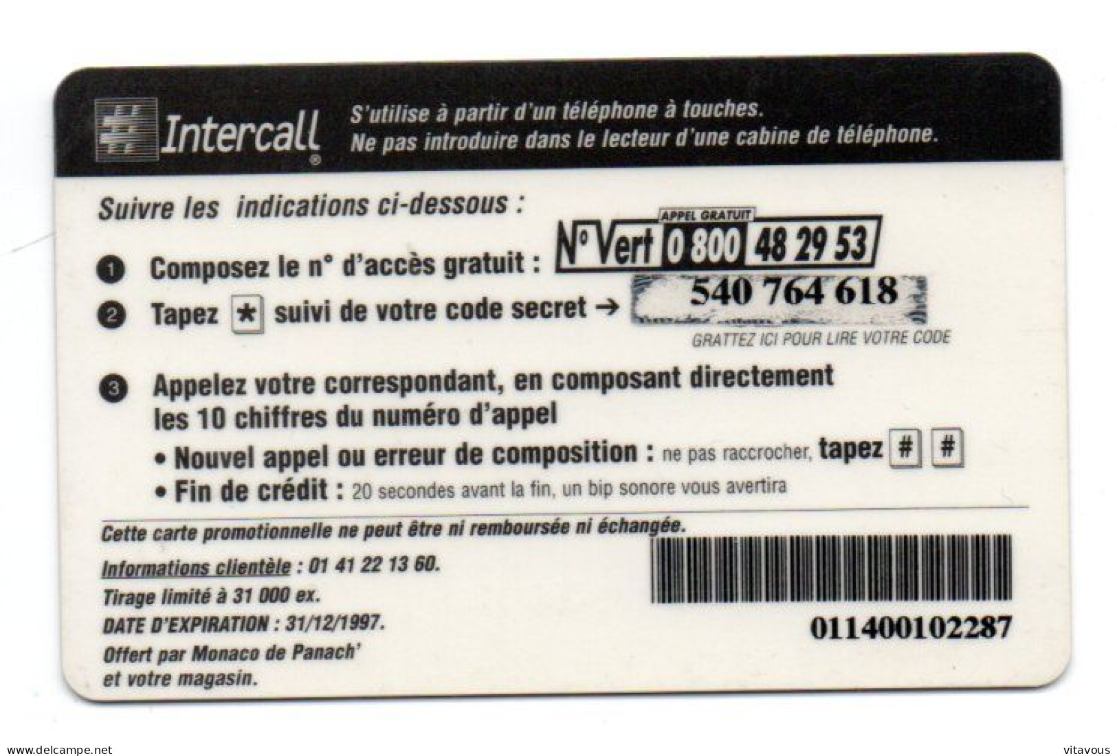 MONACO Panach' Bière Beer INTERCALL Carte Prépayée FRANCE 10 Unités  Phonecard  (D 1023) - Cellphone Cards (refills)