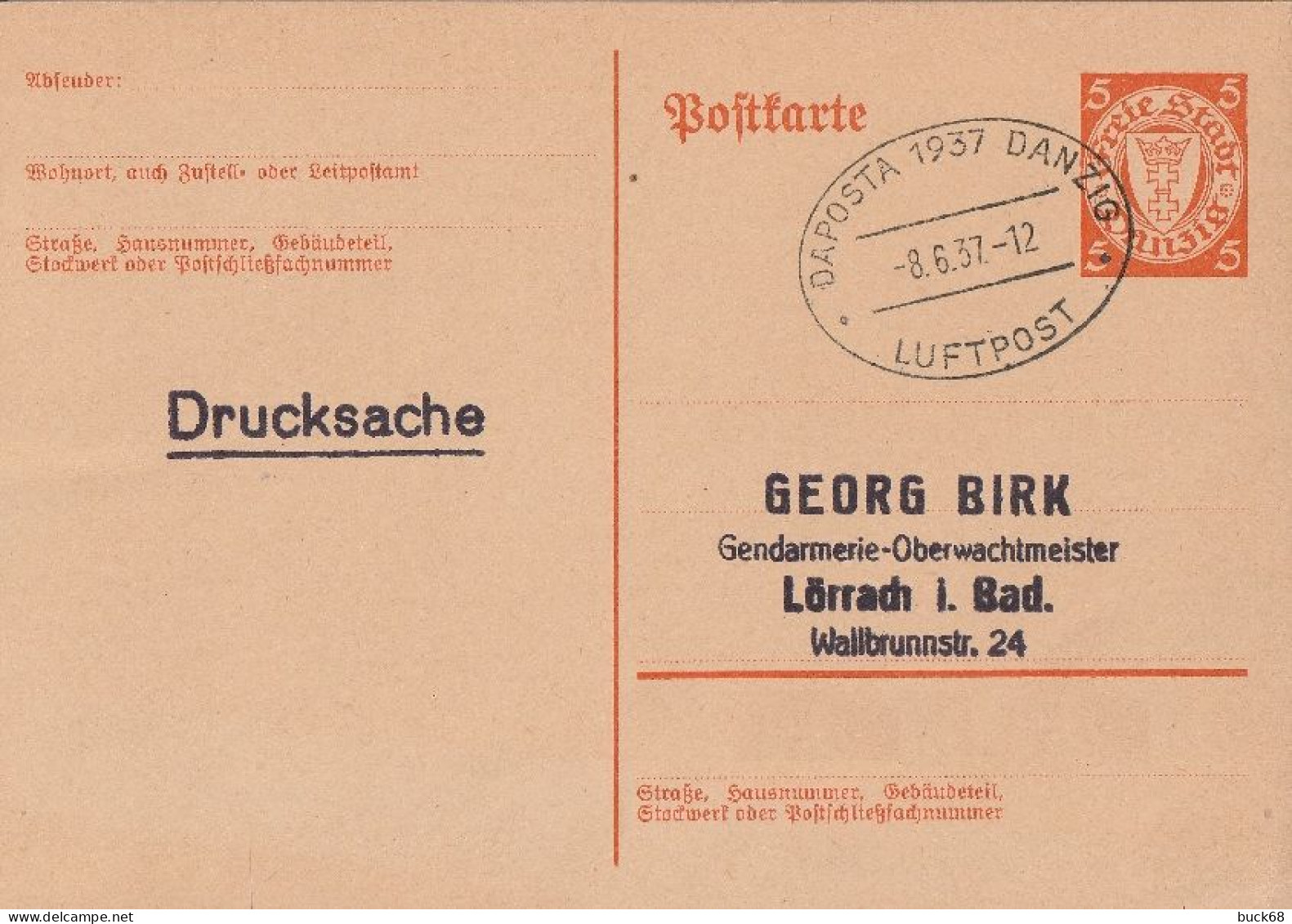 DANTZIG DANZIG GDANSK Entier 177 (o) 1937 Ganzsache Stationary - Enteros Postales