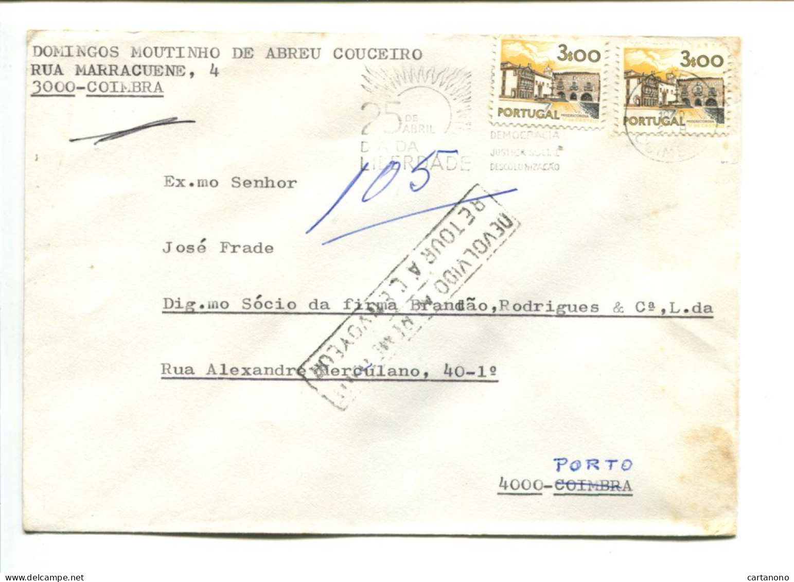 PORTUGAL - Affr. Sur Lettre + Cachet "Retour à L'envoyeur" -  Architecture - Cartas & Documentos