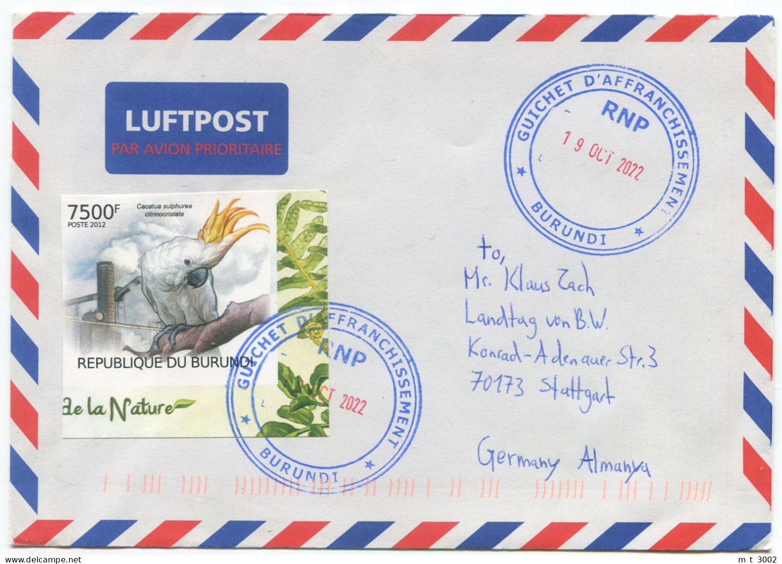 Cover Burundi 2022 Imperforated Parrot Cockatoo - Storia Postale