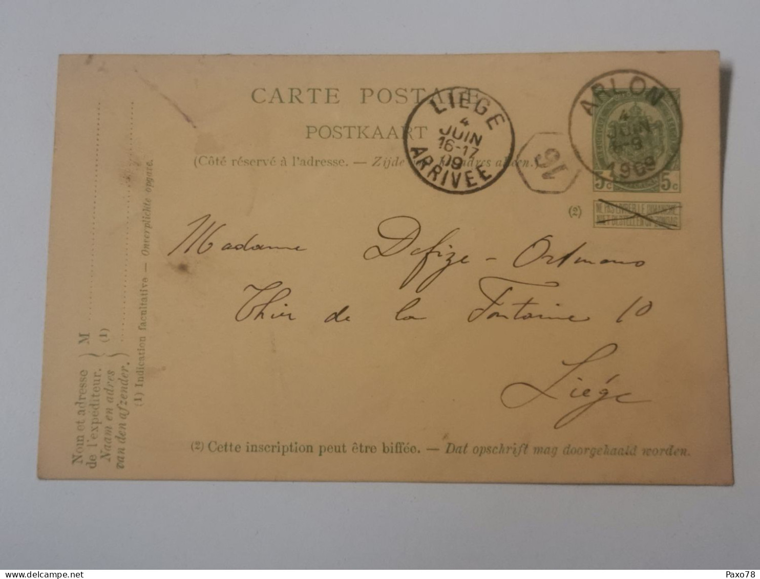 Entier Postaux, Oblitéré Arlon Liège 1909 - Cartes Postales 1871-1909