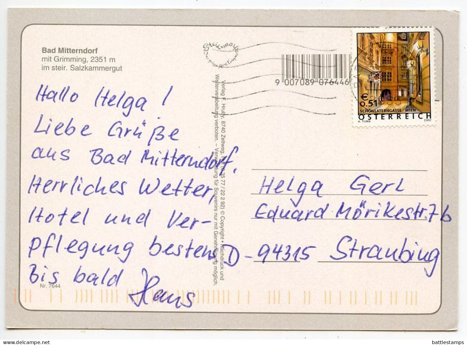 Austria 2000's Postcard Bad Mitterndorf Mit Grimming, 2351m.; 51c. Schonlaterngasse, Vienna Stamp - Bad Mitterndorf