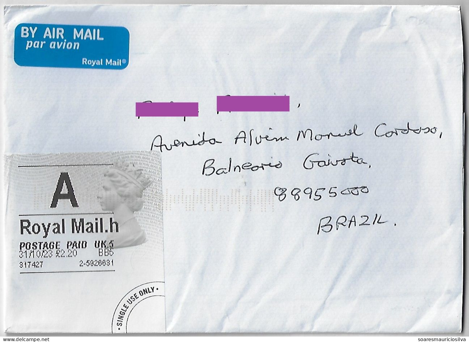 Great Britain 2023 A Airmail Cover Sent To Brazil Meter Stamp Horizont Machin Queen Elisabeth II Electronic Sorting Mark - Machins