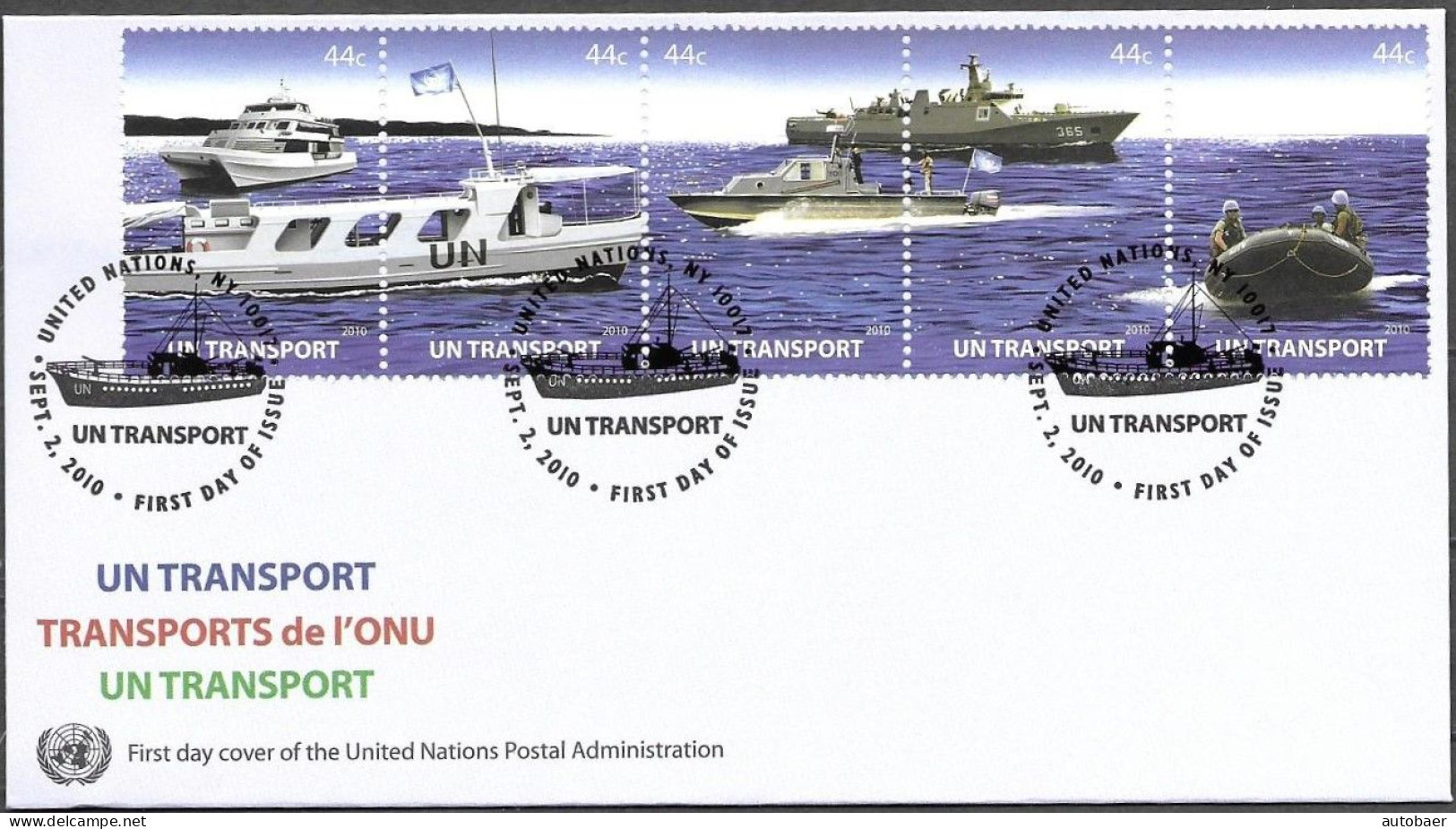 UNO U.N. United Nations New York 2010 Transport Ships Boats Mi.no. 1229-33 FDC - FDC