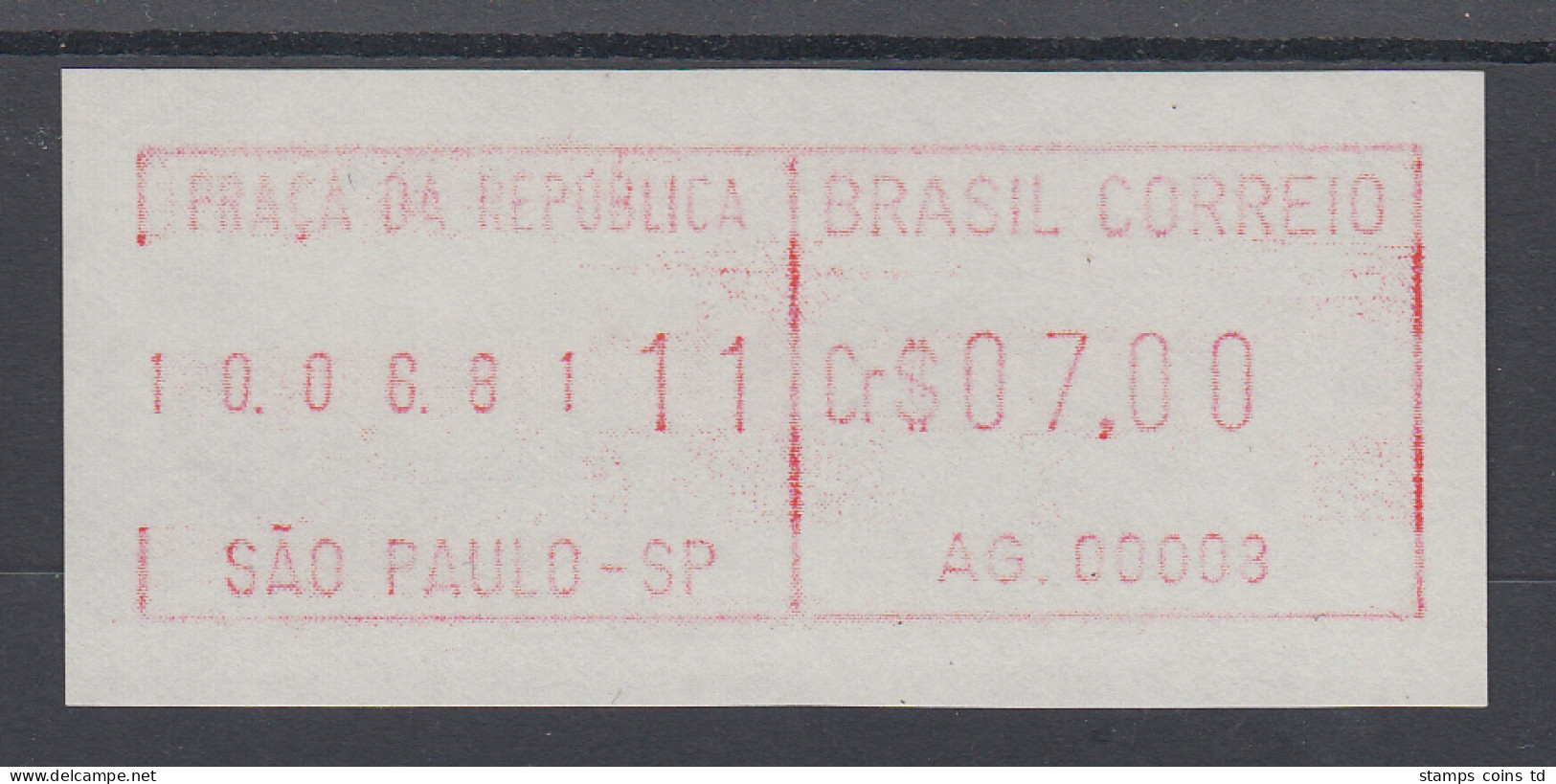 Brasilien FRAMA-ATM AG.00003, Wert 07,00 Cr$, Druckdatum 10.06.81 Von VS **  - Frankeervignetten (Frama)