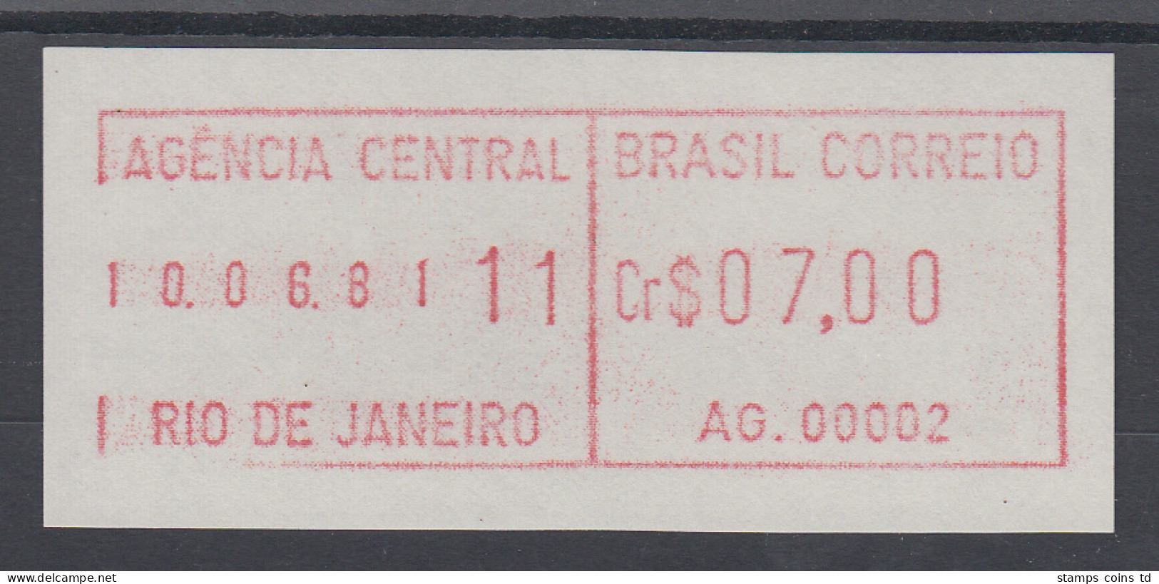 Brasilien FRAMA-ATM AG.00002, Wert 07,00 Cr$, Druckdatum 10.06.81 Von VS **  - Frankeervignetten (Frama)