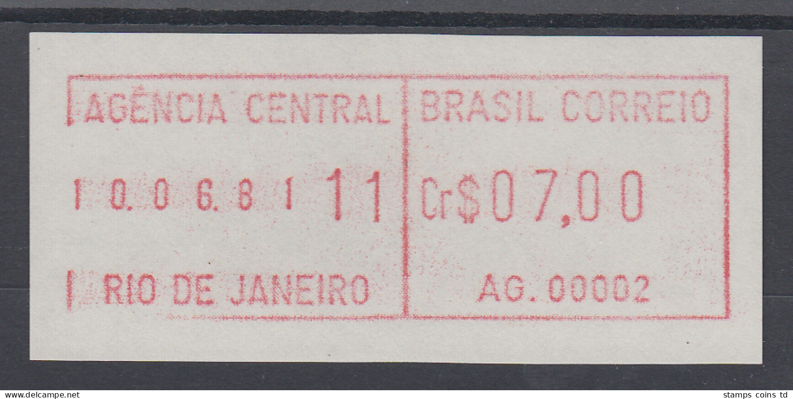 Brasilien FRAMA-ATM AG.00002, Wert 07,00 Cr$, Druckdatum 10.06.81 Von VS **  - Automatenmarken (Frama)