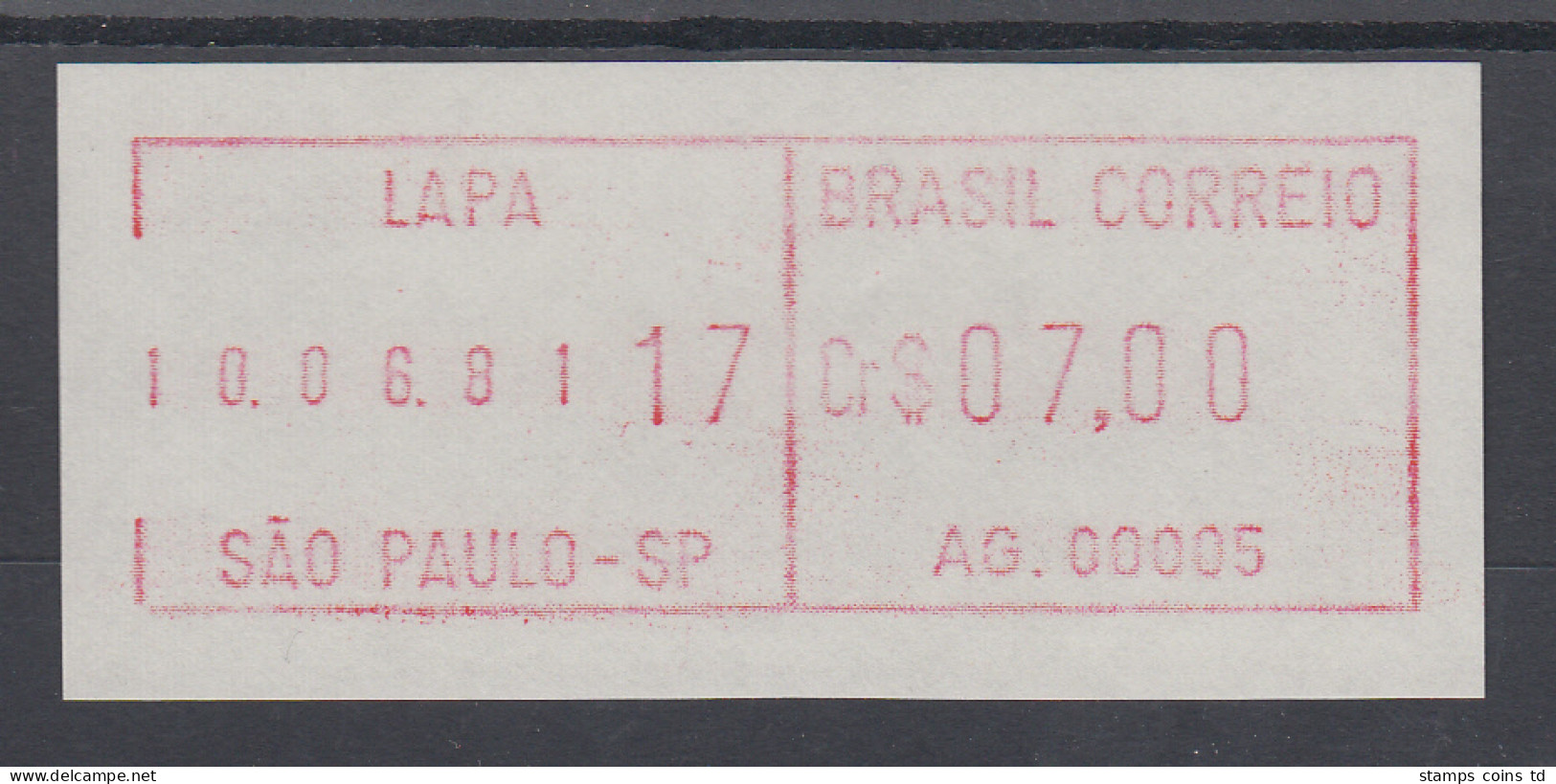 Brasilien FRAMA-ATM AG.00005, Wert 07,00 Cr$, Druckdatum 10.06.81 Von VS **  - Franking Labels