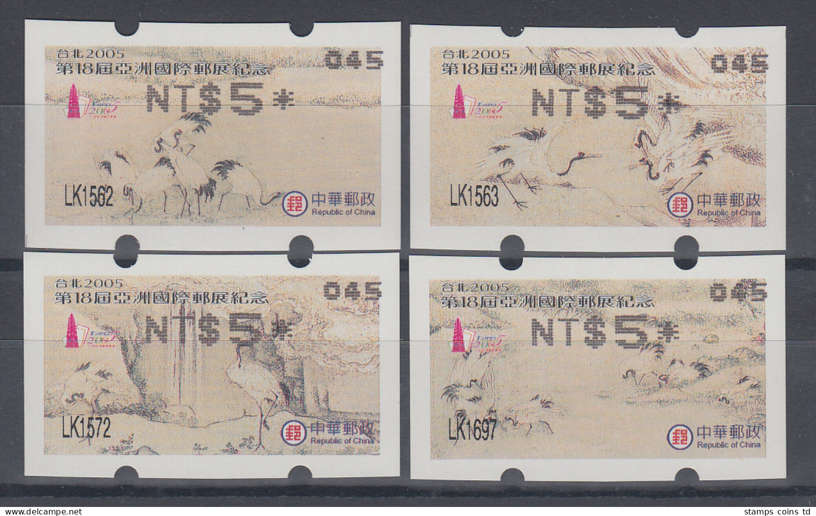 China Taiwan Nagler-ATM Kraniche, Stern 8-strahlig Gerade, Mi.-Nr. 7.3e - 10.3e - Automatenmarken