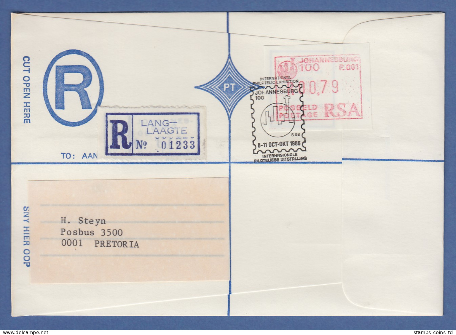 RSA 1986 Sonder-ATM Johannesburg Mi.-Nr 2 Hoher Wert 0,79 Auf Inlands-R-Brief  - Automatenmarken (Frama)