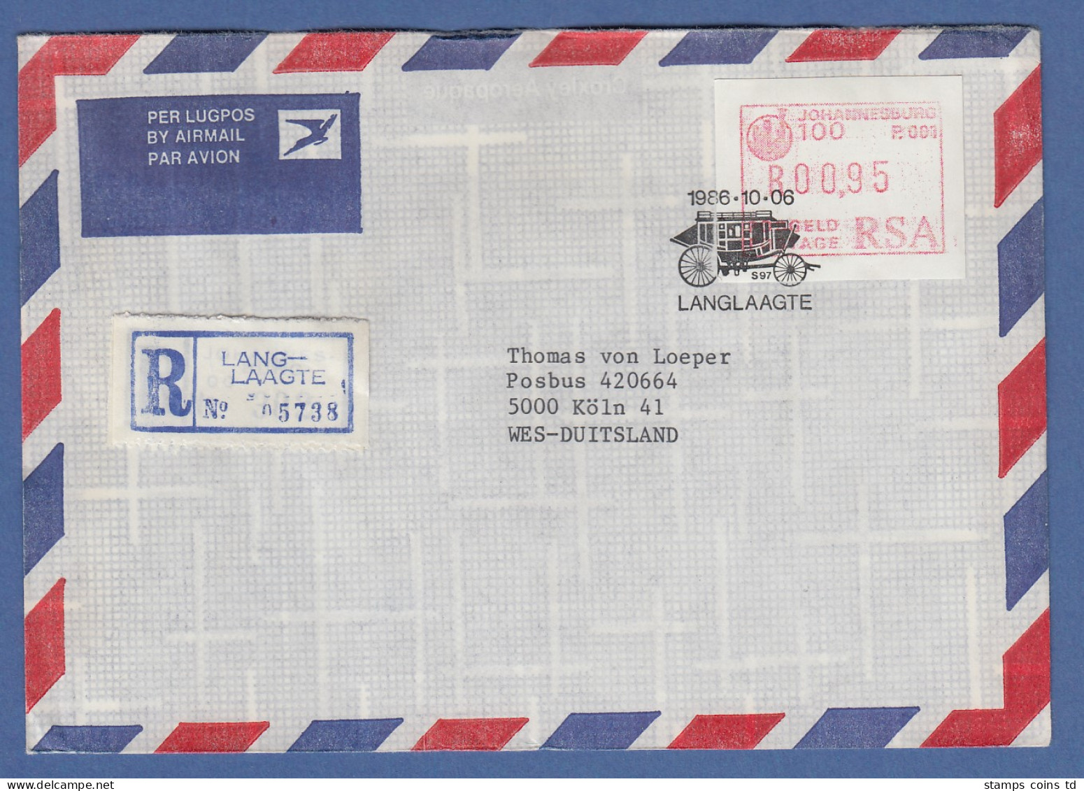 RSA 1986 Sonder-ATM Johannesburg Mi.-Nr 2 Hoher Wert 0,95 A. Auslands-R-Brief - Frama Labels