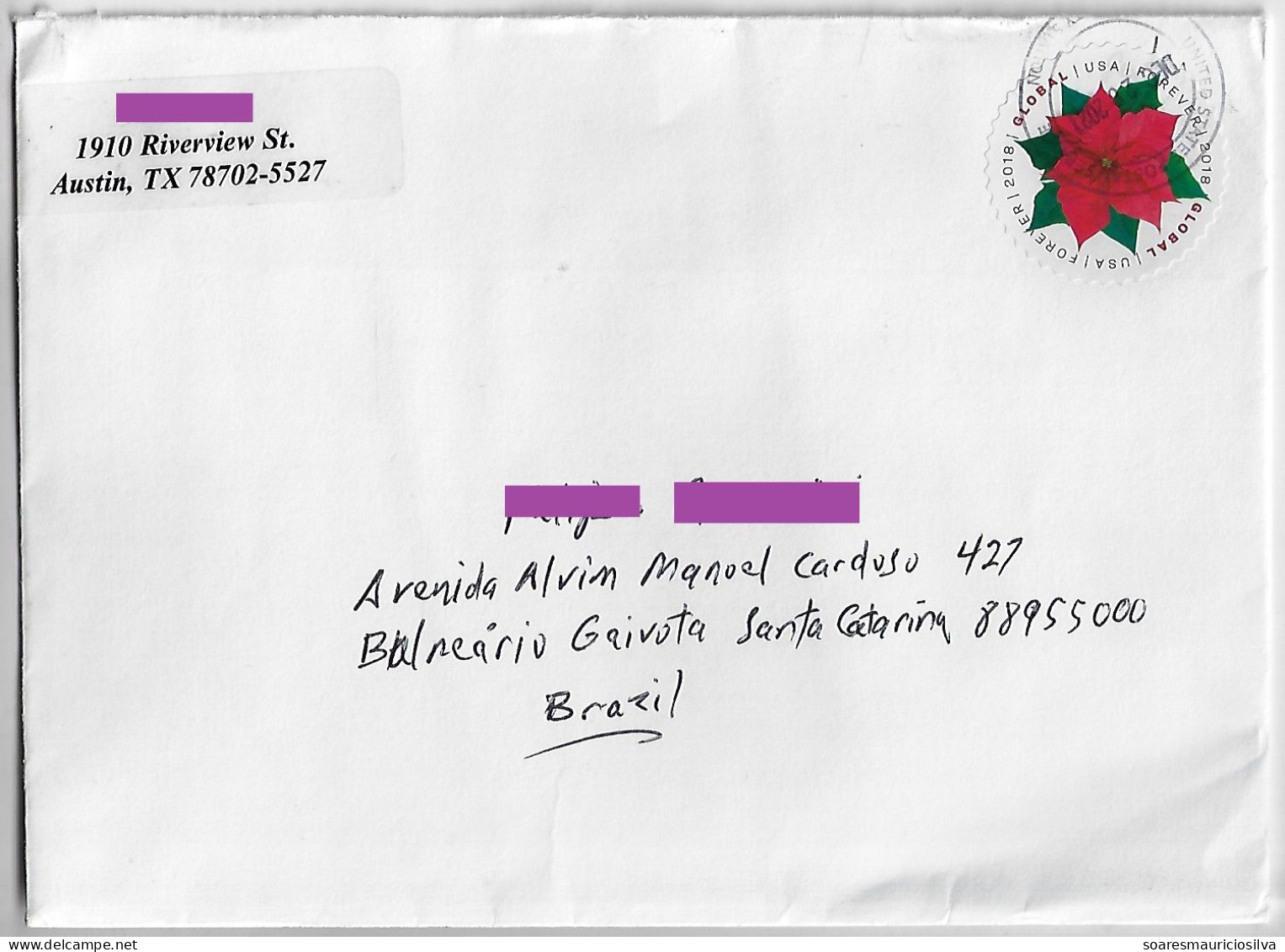 USA 2021 Cover From Austin To Balneário Gaivota Brazil Stamp Flower Poinsettia Global Forever - Covers & Documents