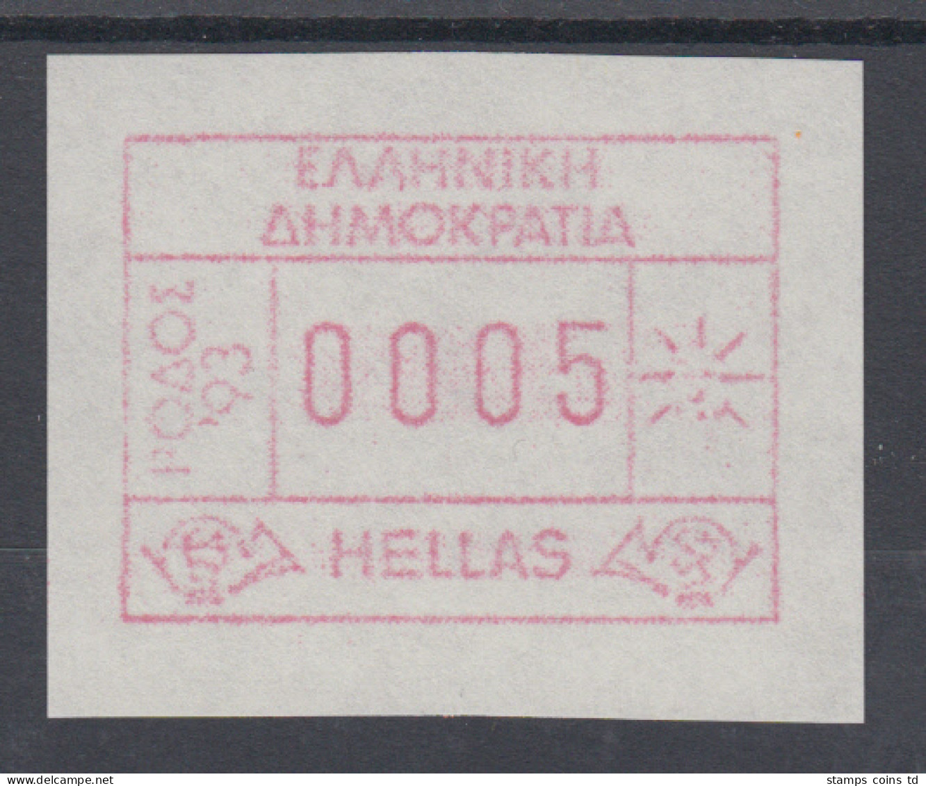 Griechenland: Frama-ATM Sonderausgabe RHODOS `93 W-Papier, Mi.-Nr.13 W ** - Timbres De Distributeurs [ATM]