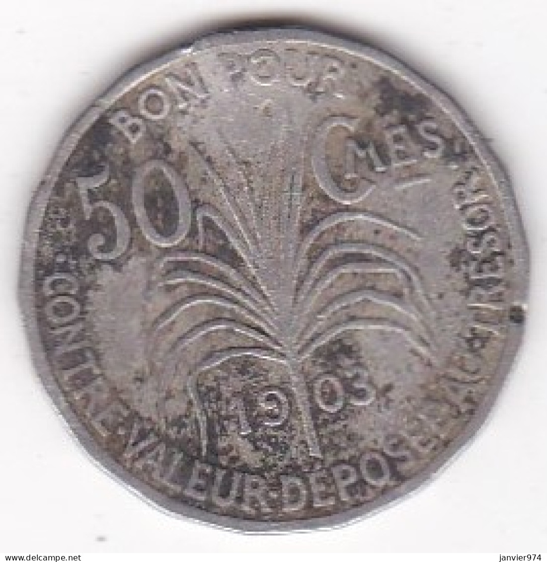 Colonie De La Guadeloupe, Bon Pour 50 Centimes 1903, En Maillechort, Lec# 50 - Guadalupa E Martinica