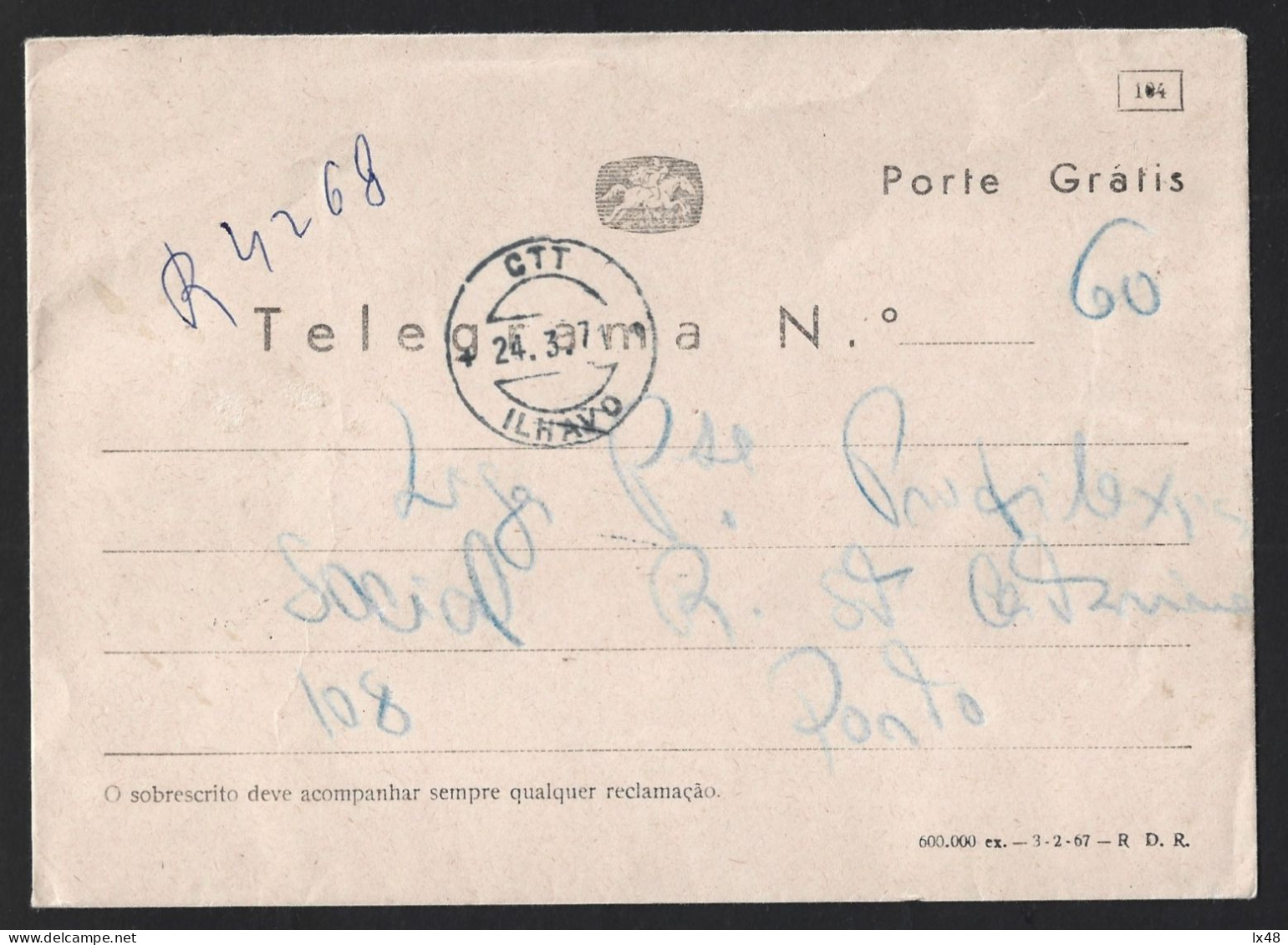 Registered Telegram Letter 1967. Obliteration Of Ílhavo 1971. Carta De Telegrama Registado De 1967. Obliteração Ílhavo - Brieven En Documenten