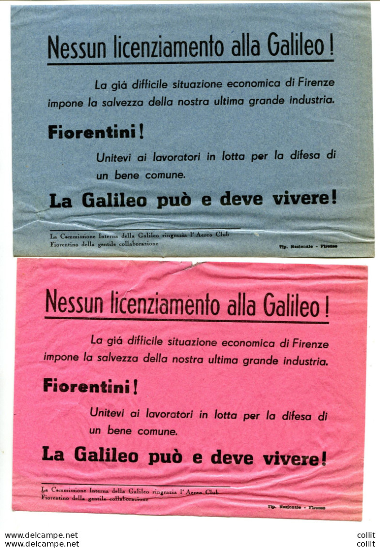 Firenze "Nessun Licenziamento Alla Galileo"- 2 Volantini Lanciati Aereo Club - Storia Postale (Posta Aerea)