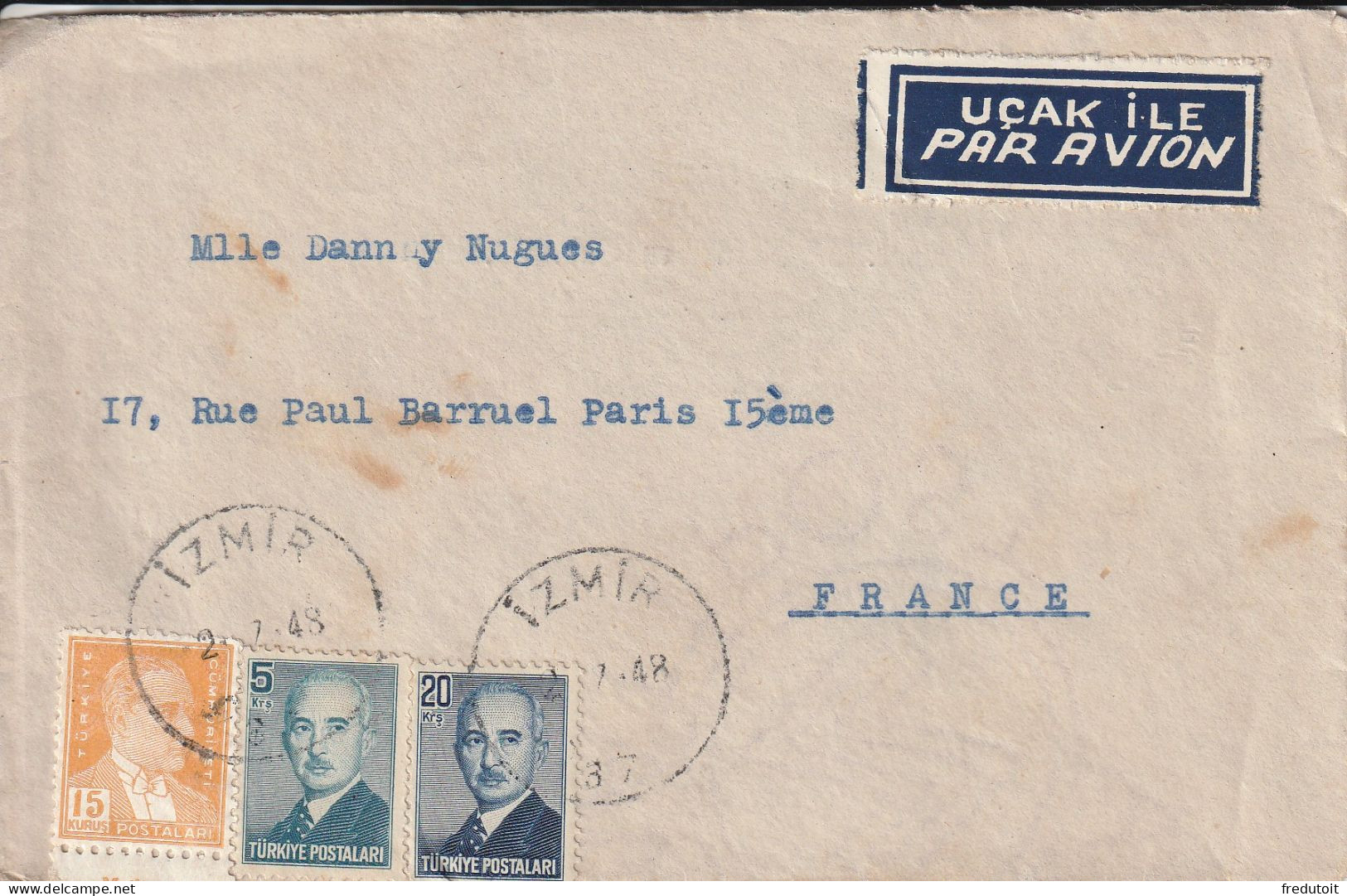 TURQUIE - LETTRE D'IZMIR  Le 02/07/1948 Pour Paris - Brieven En Documenten