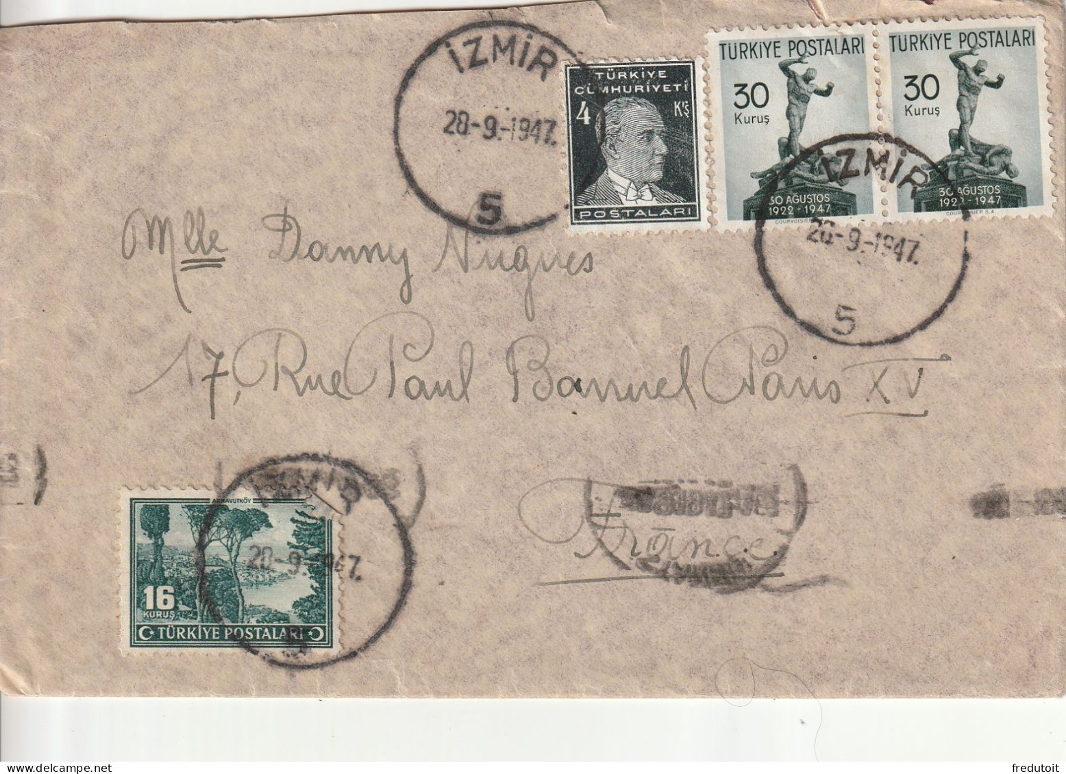 TURQUIE - LETTRE D'IZMIR  Le 28/09/1947 Pour Paris - Covers & Documents
