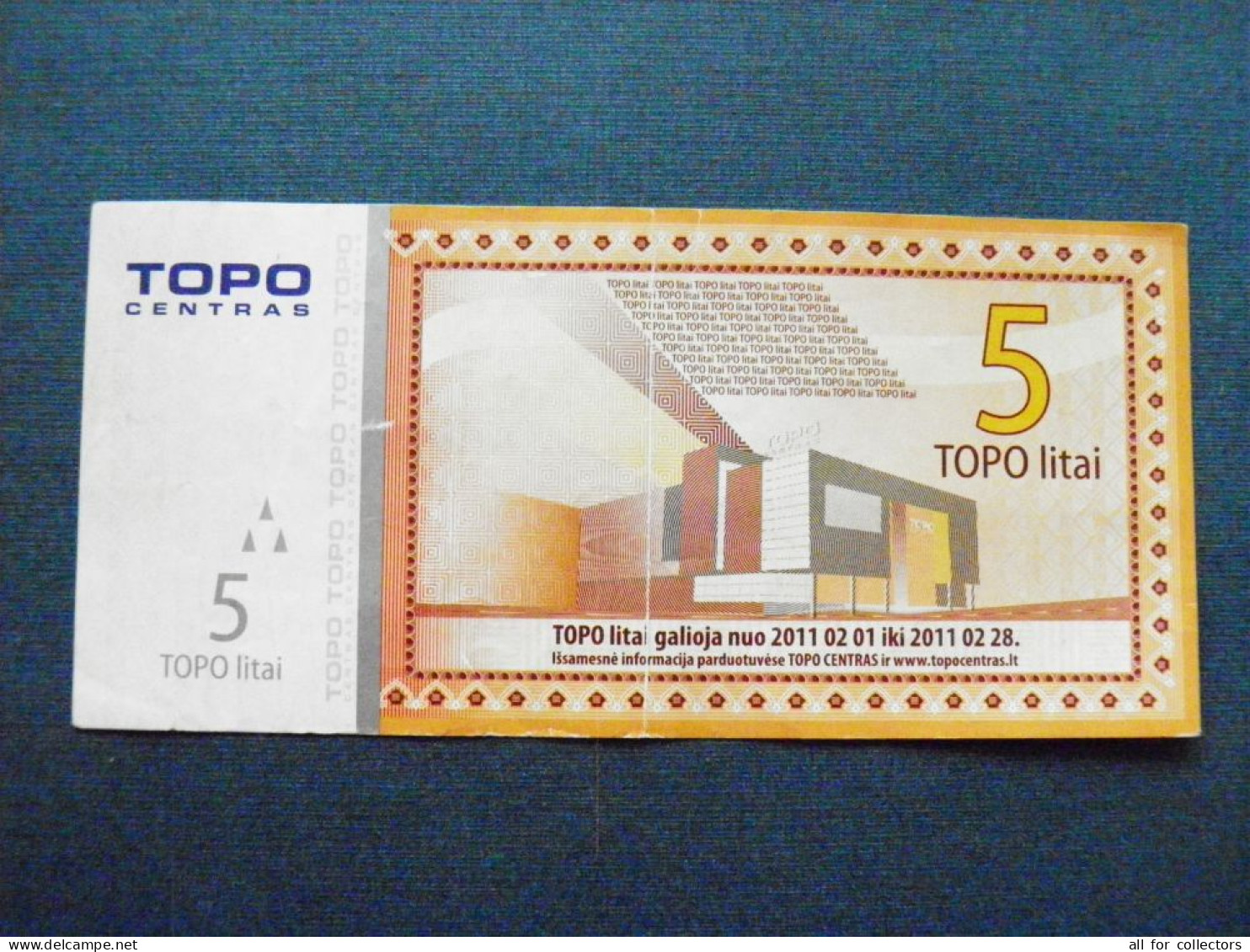 TOPO Centrum Shop Coupon 5 Litas (litai) 2011  Lithuania Building Map - Lituanie