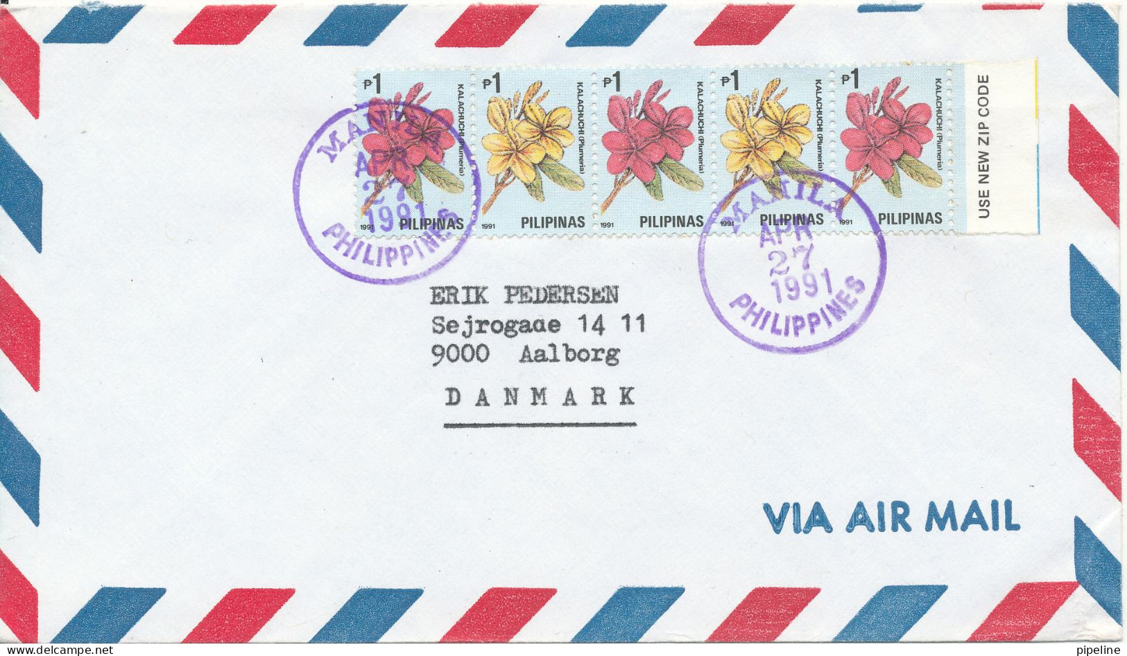 Philippines Air Mail Cover Sent To Denmark 27-4-1991 Flowers In A 5 Strip - Filipinas