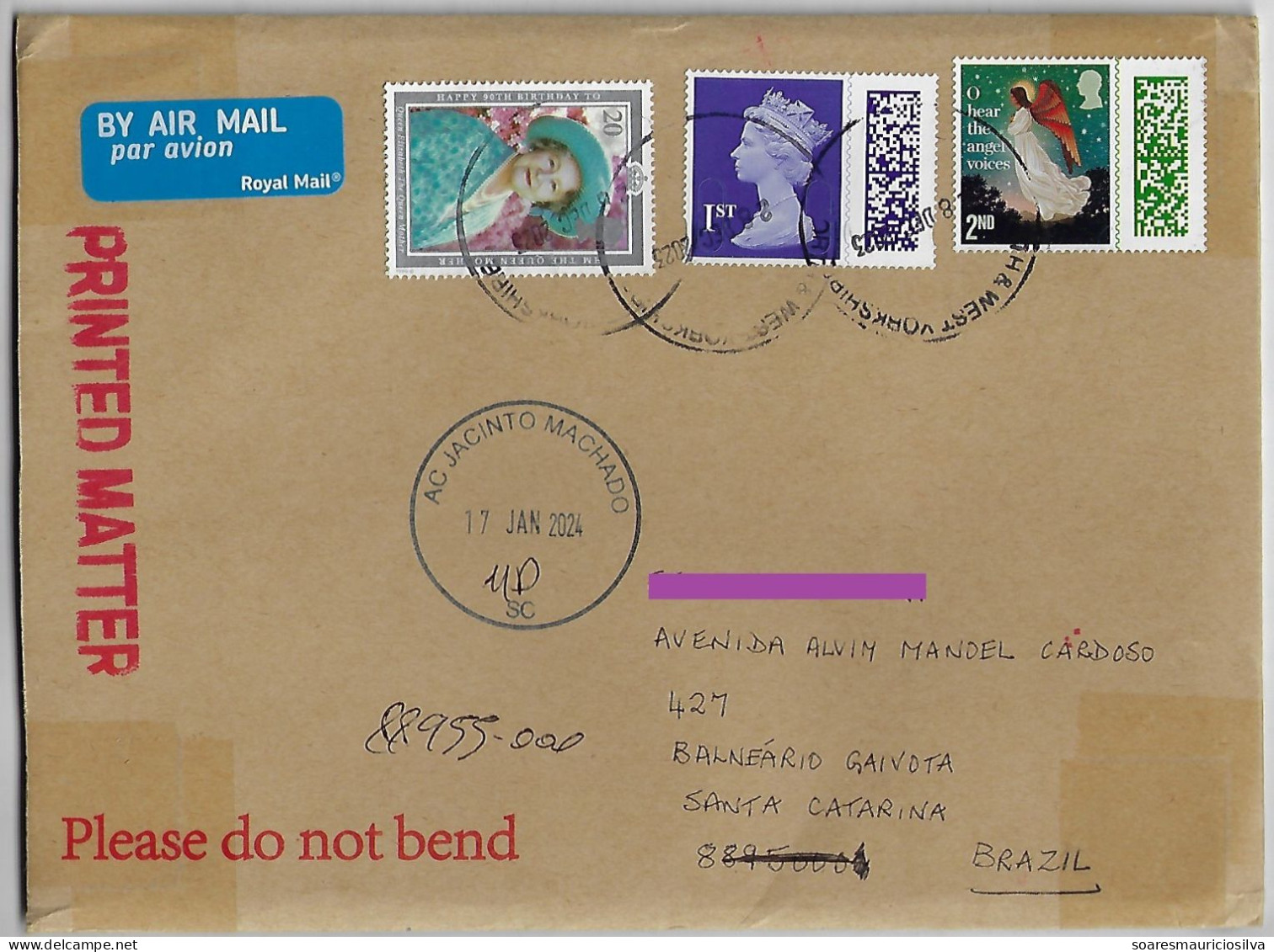 Great Britain 2023 Airmail Cover North Yorkshire To Brazil Misdirecting To Jacinto Machado Due To Wrong Zip Code 3 Stamp - Zonder Classificatie