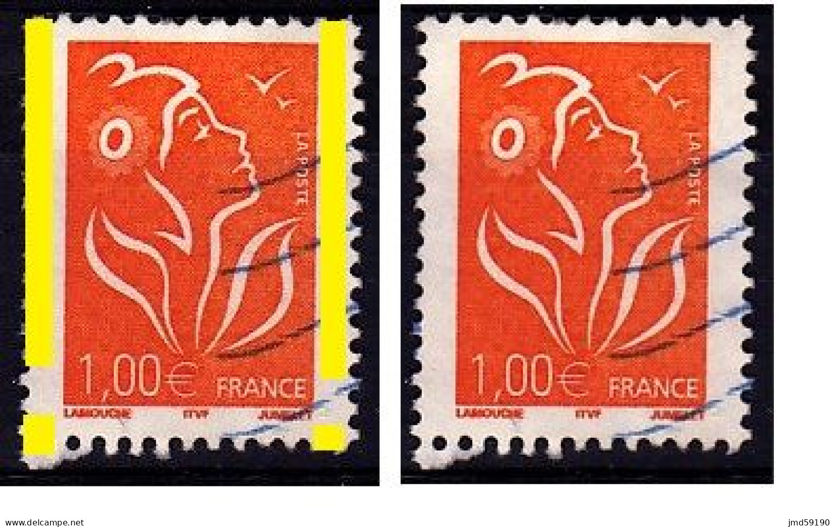 Variété Bande De Phosphore à Cheval Sur Timbre 1€ Orange Type Marianne De Lamouche Oblitéré N°3739 - 2004-2008 Marianne Of Lamouche