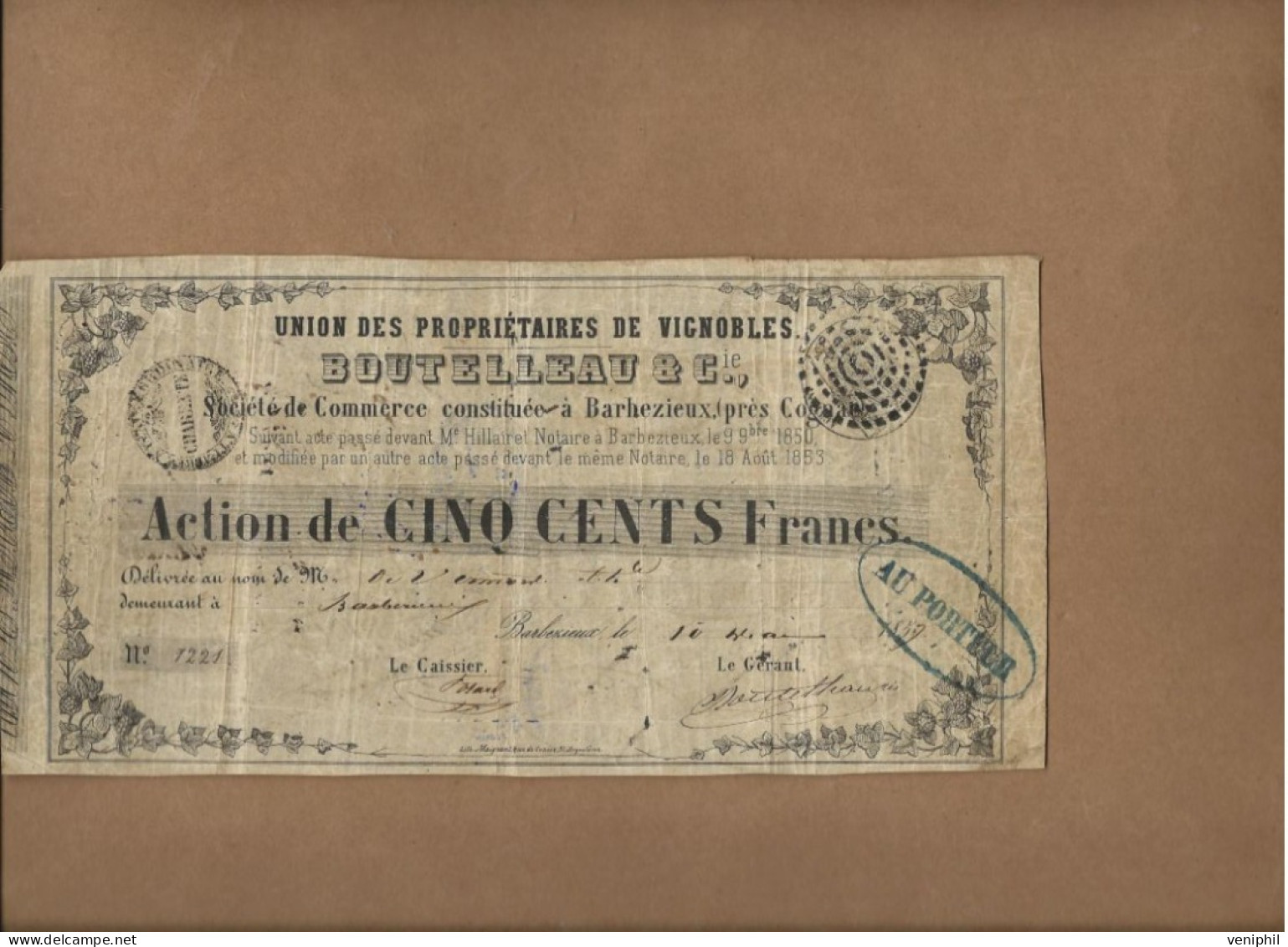ACTION DE CINQ CENTS  FRANCS-UNION DES PROPRIETAIRES DE VIGNOBLRS -CONSTITUEE A BARBEZIEUX PRES COGNAC - 1859 - Landbouw