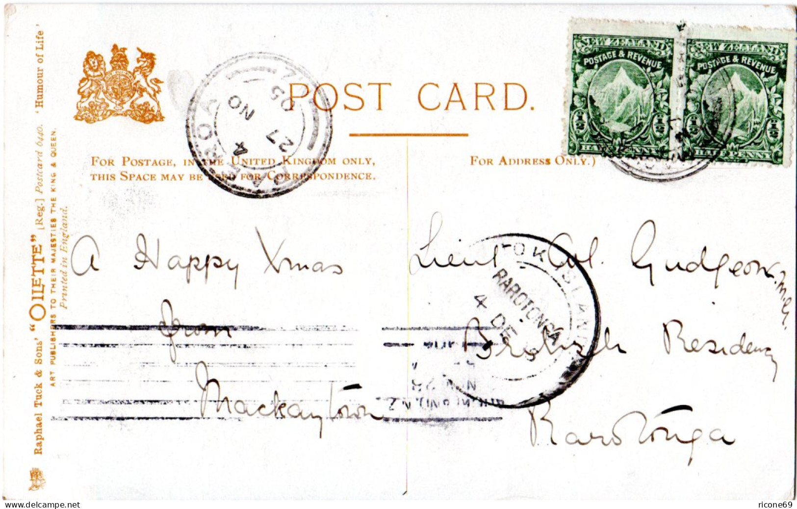 Cook Islands 1905, Incoming Mail Postcard From MACKAYTOWN New Zealand.  - Autres - Océanie
