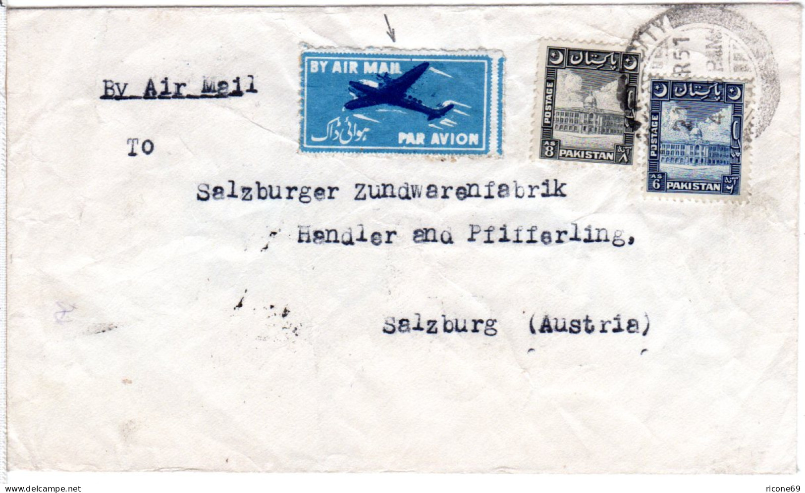 Pakistan 1951, 6+8 A. Auf Brief M. Interessantem 2sprachigem BY AIR MAIL-label - Altri - Asia