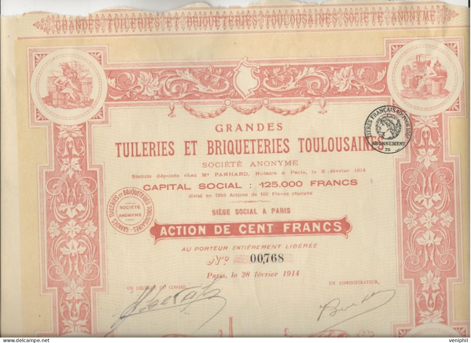 TUILERIES ET BRIQUETERIES TOULOUSAINES -    DIVISE EN 1250 ACTIONS ILLUSTREE DE CENT FRANCS - 1914 - Industry